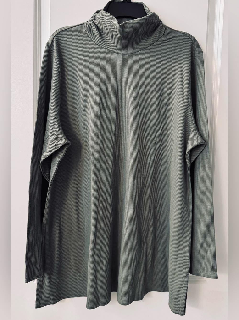 #z203 - Soft Surroundings Timely Ruched Neck Ribbed Swing Turtleneck Sage Green